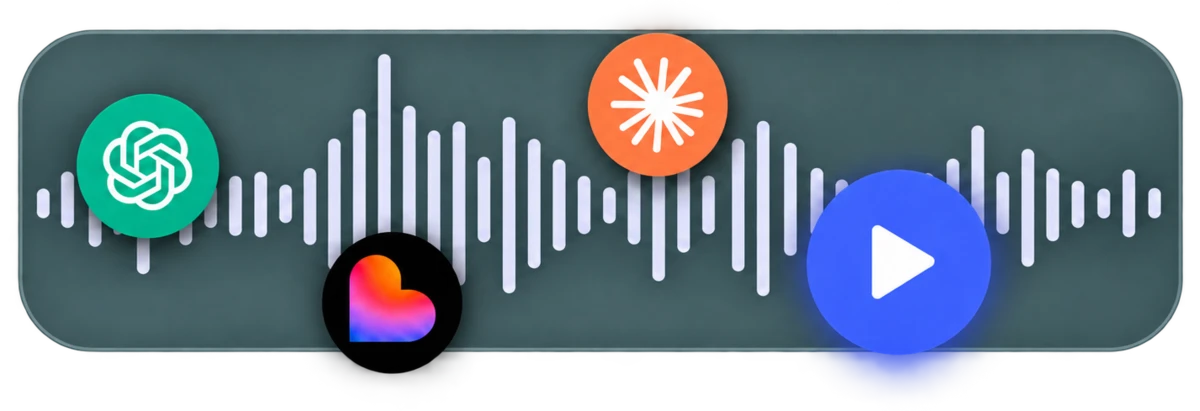 Audio learning waveform with AI tool icons and play button
